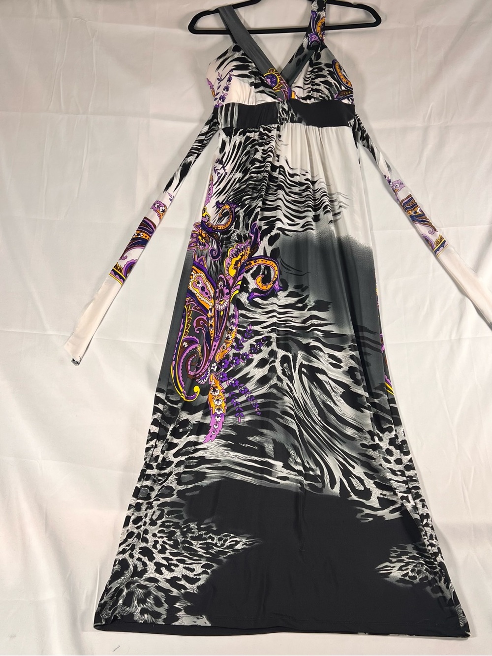 Black & White Maxi Dress with Purple Paisley Detail